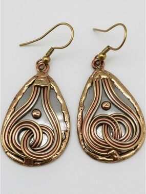 Mixed Metal Teardrop Dangle Earrings | Copper & Gold Wire Wrapped Boho Jewelry